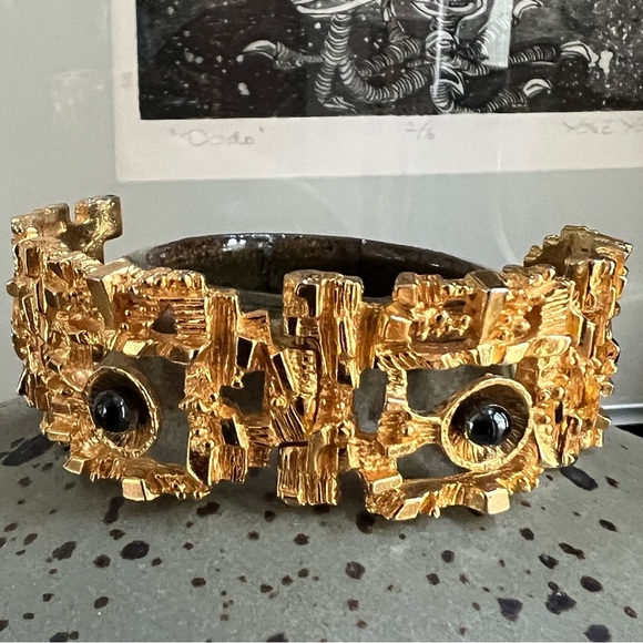Vintage Rare Brutalist Bracelet Robert Larin 1960s Modernist Gold Plated Pewter - Picture 2 of 14